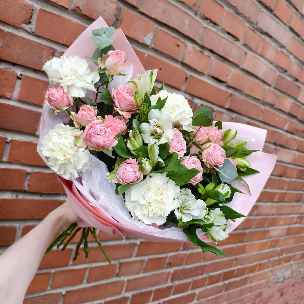 Designer Bouquet with Peony-Shaped Spray Roses, Dianthus, Alstroemeria and Eucalyptus