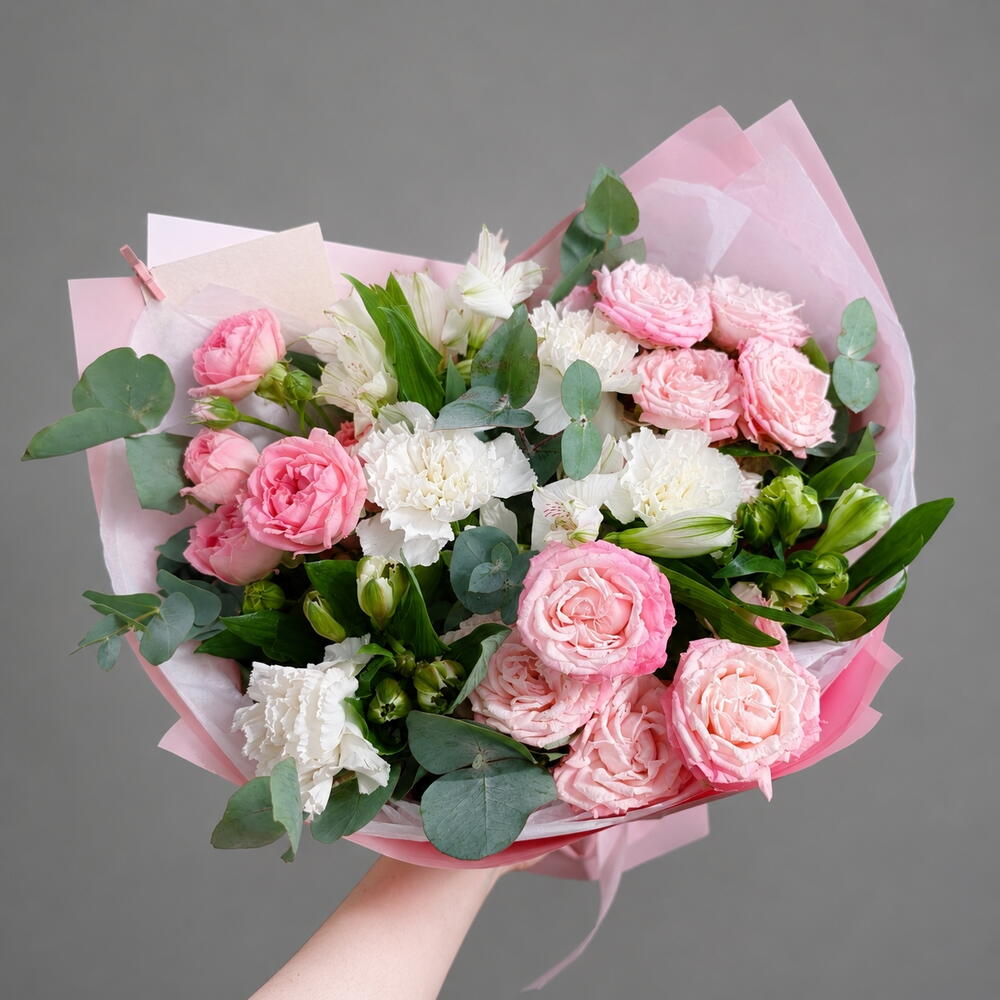 Designer Bouquet with Peony-Shaped Spray Roses, Dianthus, Alstroemeria and Eucalyptus — photo 7