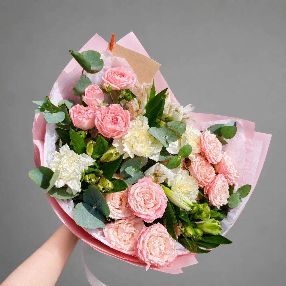 Designer Bouquet with Peony-Shaped Spray Roses, Dianthus, Alstroemeria and Eucalyptus — photo 8