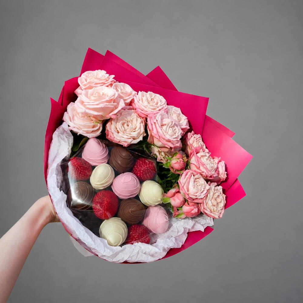 Chocolate-Covered Strawberry and Spray Rose Bouquet, 13 Berries — photo 7