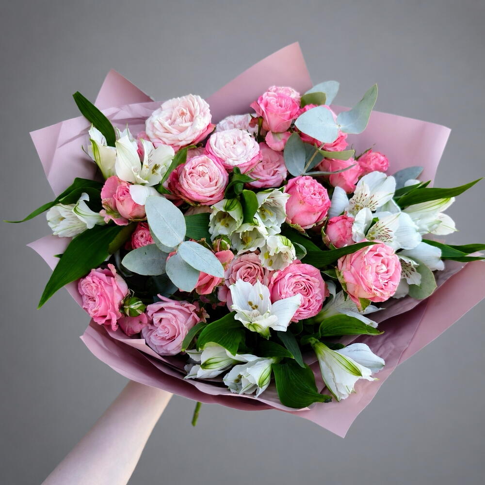 Bombastic Peony-Style Spray Rose, Alstroemeria and Eucalyptus Bouquet — photo 7