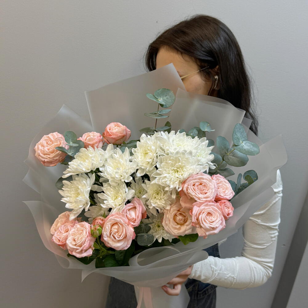 Spray Rose and Chrysanthemum Bouquet in Matte Wrapping — September 1 — photo 2